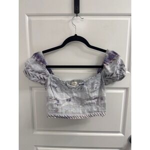 Wilfred Aritzia Linen Puff Sleeve Crop Top Lavender Abstract Print XS